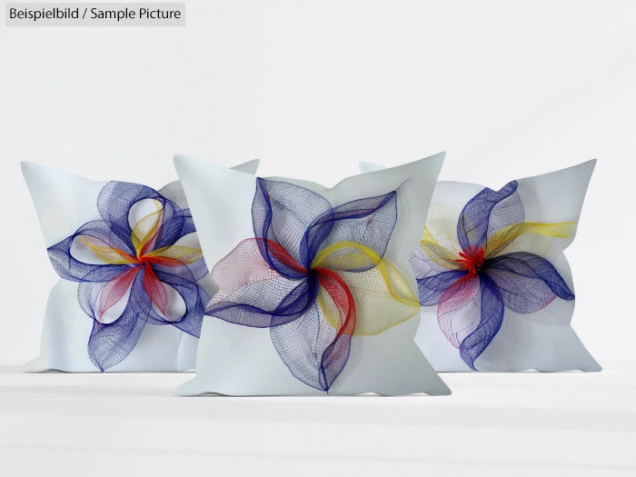 Three decorative pillows with colorful wireframe flower designs on a white background.