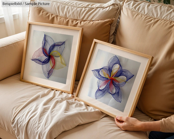 Person holding framed floral string art on a beige sofa.
