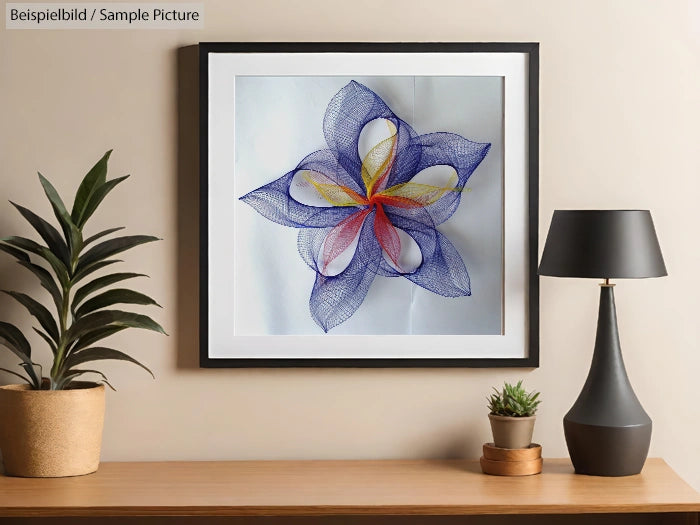 Framed geometric artwork with colorful flower pattern, hung on a modern wall beside a plant and lamp.