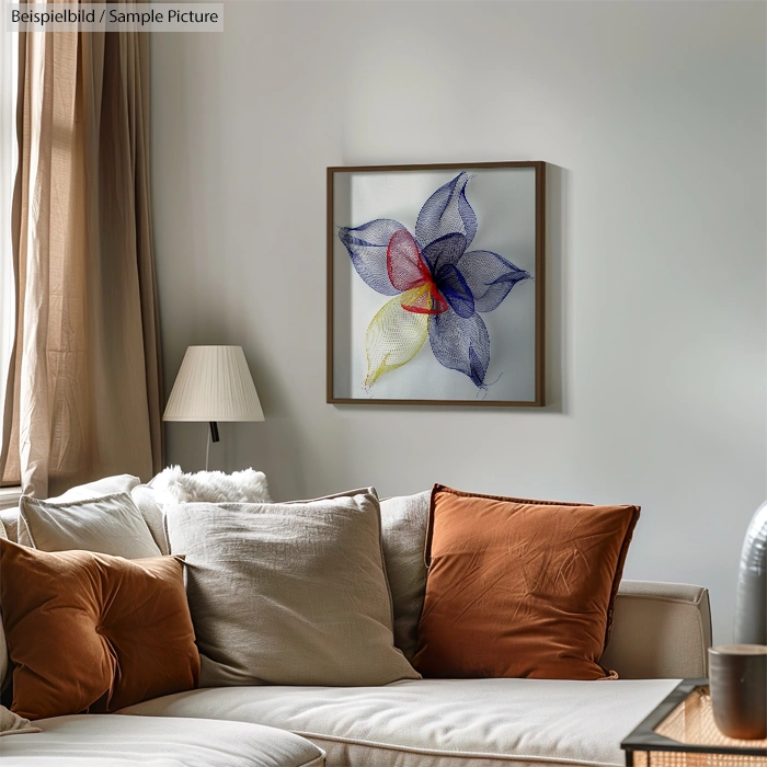 Modern living room with neutral sofa, colorful abstract art on wall, and cozy decor.