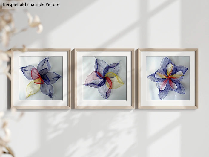Three framed abstract floral prints with colorful petal designs on a white wall.