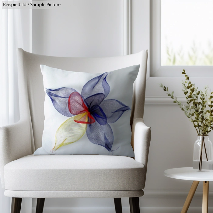 Decorative pillow on beige armchair with abstract floral design in blue, red, and yellow. Minimalist white room decor.