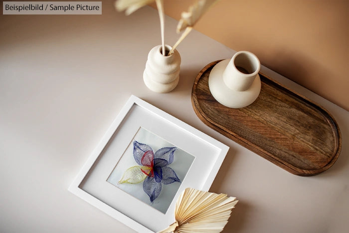 Decorative table setting with framed abstract flower, ceramic vases, wooden tray, and open book on light surface.