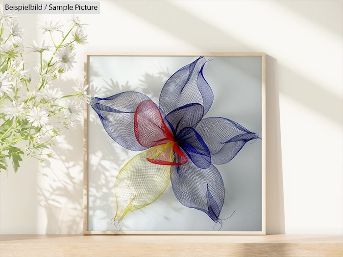 Framed mesh flower art with colorful petals on a wooden shelf, next to white flowers in soft sunlight.
