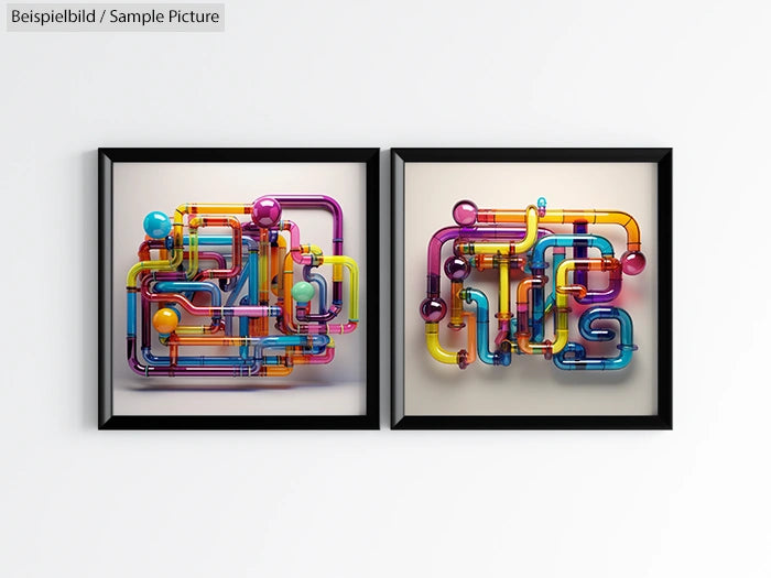 Two framed abstract artworks featuring colorful, interconnected tubes and spheres on a white background.