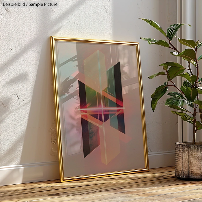 Framed geometric abstract art with colorful intersecting shapes, leaning against a sunlit wall near a plant.