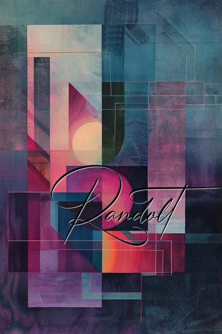 Abstract geometric art with layered shapes in purple, blue, and red, featuring 'Randolt' script.