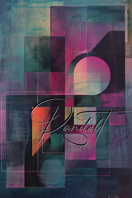 Abstract geometric art with vibrant colors and a handwritten Randolt overlay.
