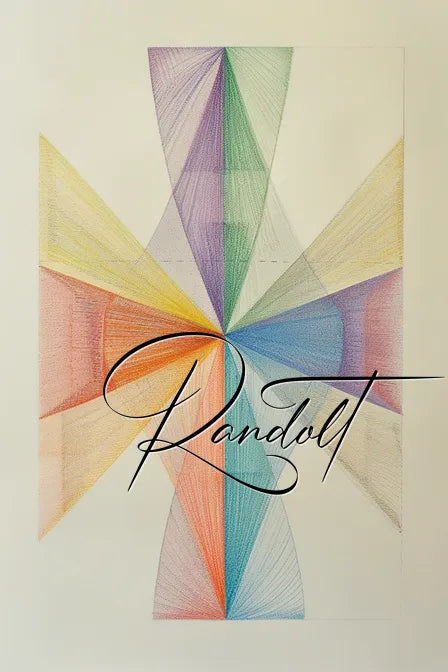 Colorful geometric art with intersecting lines and gradients, overlaid with cursive text 'Randolt' in the center.