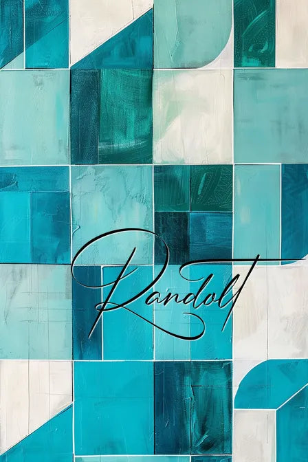 Abstract painting with blue and teal geometric pattern, featuring the word 'Randolt' in cursive.