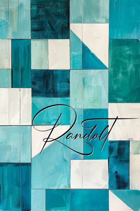 Geometric abstract art with teal, blue, and white squares, featuring cursive text 'Randolt' overlayed in black.