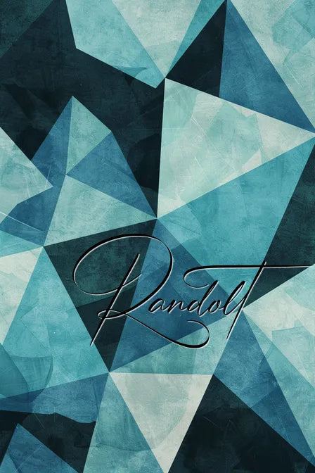 Geometric abstract artwork with blue triangles and 'Randolt' in cursive.