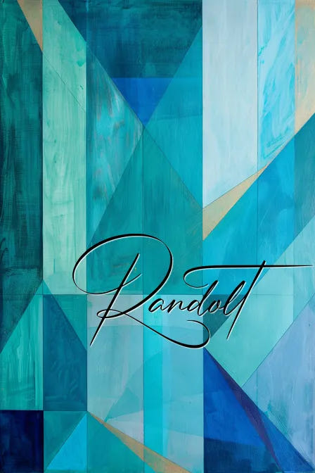 Abstract geometric painting with blue and teal shapes and elegant cursive text 'Randolt' overlay.
