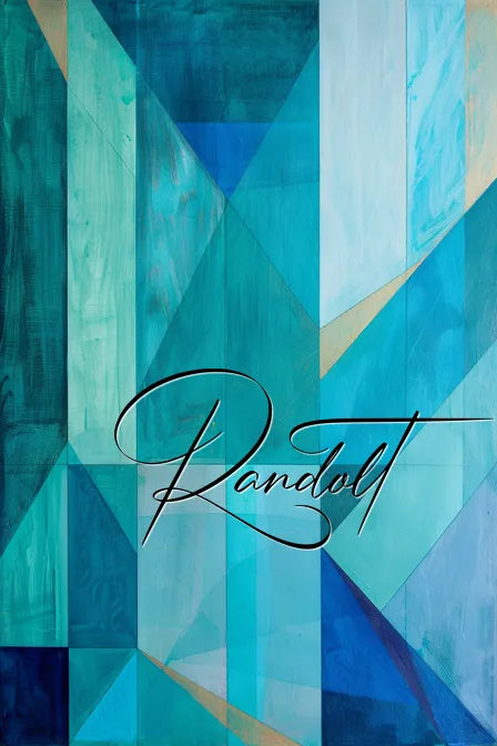 Abstract geometric painting with blue and teal shapes and elegant cursive text 'Randolt' overlay.