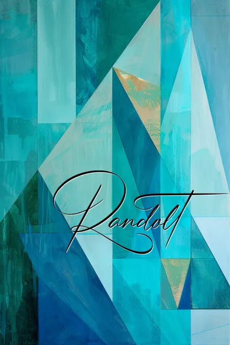 Abstract geometric painting in shades of blue and teal with 'Randolt' written over it.