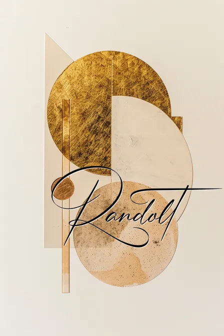 Abstract geometric design with overlapping gold, beige circles, and rectangles on a light background, 'Randolt' text.