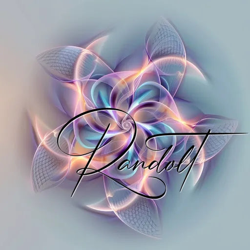 Abstract digital artwork with swirling purple and blue floral patterns, overlaid with elegant cursive text 'Randolt.'