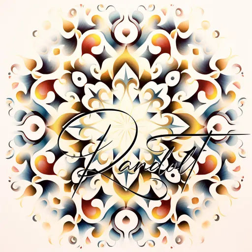 Ornate mandala with intricate patterns in earthy tones, overlaid with cursive text Randolt