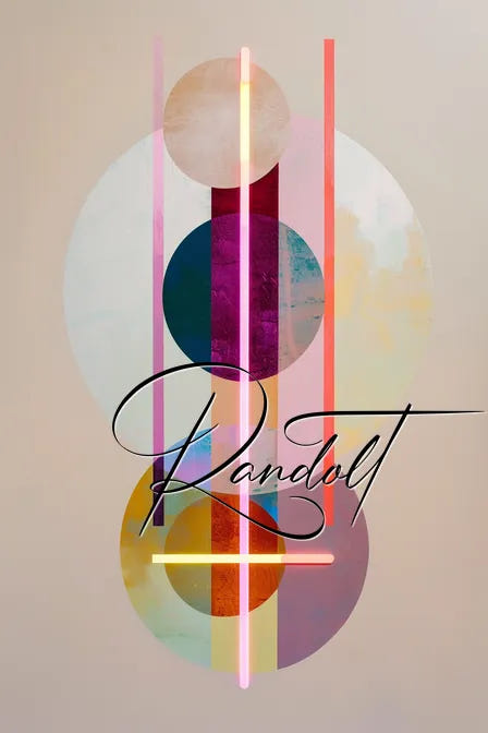 Abstract art with three vertical circles, interlaced neon lines, and the word 'Randolt' in cursive across the front.