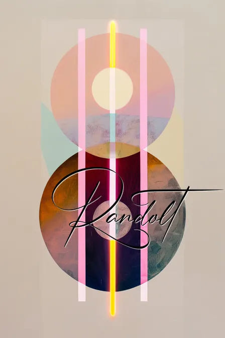 Modern abstract art with overlapping circles in pastel shades and bold lines, featuring handwritten script 'Randot'.