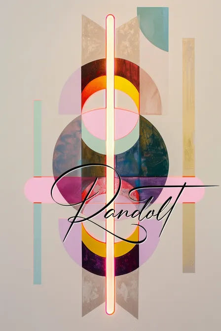 Abstract geometric art with colorful overlapping circles and rectangles, featuring the word 'Randolt' in elegant script.
