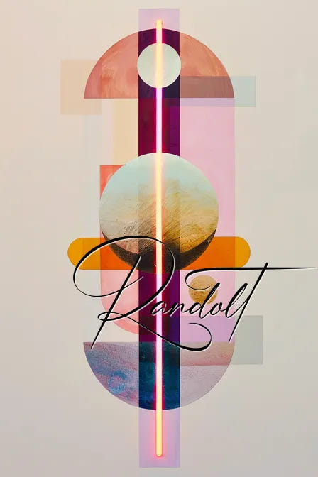 Abstract geometric art with circles, lines, and 'Randolt' in script, featuring shades of pink, purple, and orange.