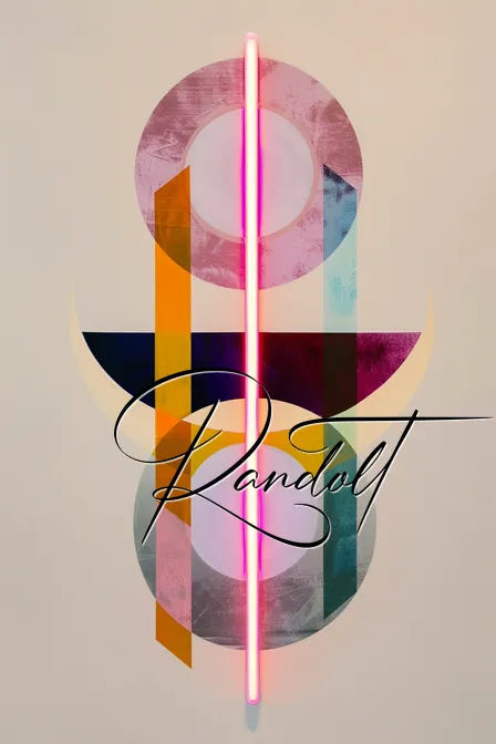 Colorful abstract art with overlapping shapes and a vertical pink neon light, featuring the word 'Randot.'