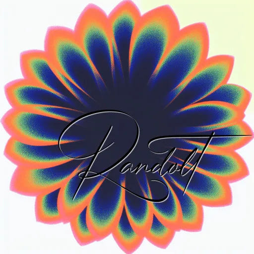 Vibrant flower with neon hues and abstract petals, featuring a cursive signature across the center.