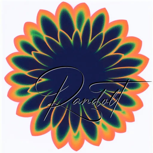 Vibrant abstract flower with neon green and orange petals, overlaid with elegant script text.