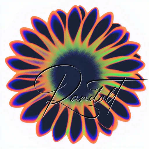 Vivid abstract flower with rainbow gradient petals and the word 'Randolt' in cursive overlaying the image.