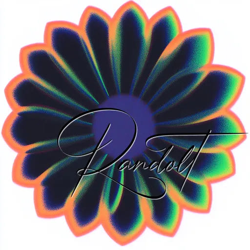 Abstract flower with purple center, neon green and orange-edged petals, and cursive 'Randolt' text overlay.