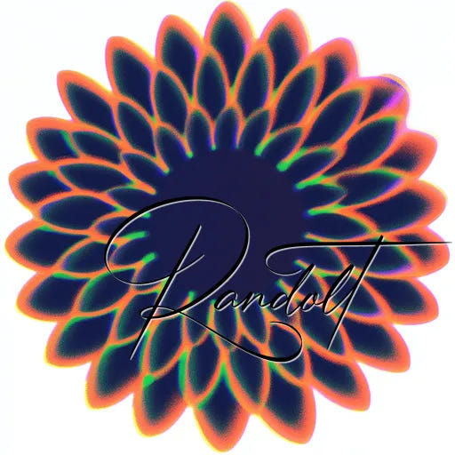 Vibrant abstract flower with neon petals and cursive 'Randolt' text overlaid on a dark circular center.