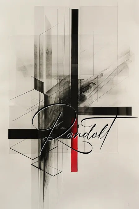 Abstract geometric artwork with intersecting black lines and red accent, featuring 'Randolt' in script text.