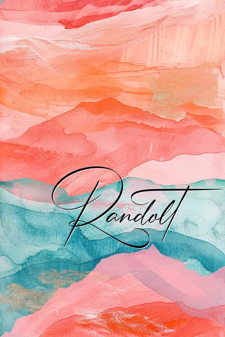Abstract watercolor artwork with layers of pink, orange, and teal colors, featuring elegant cursive text 'Randolt'
