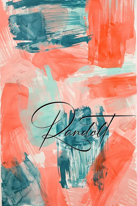 Abstract painting with bold coral and teal brushstrokes, featuring the word Randolt in elegant script.