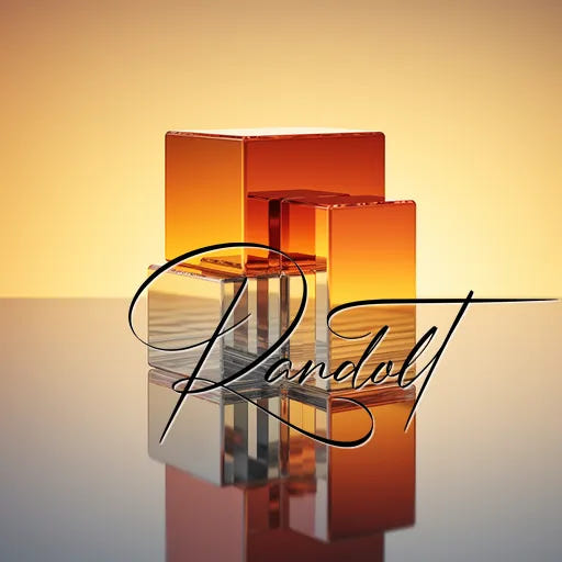 Amber glass blocks on reflective surface with 'Randolt' signature in front.