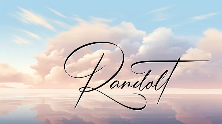 Script font 'Randolt' over a serene sky with clouds and a reflective water surface.