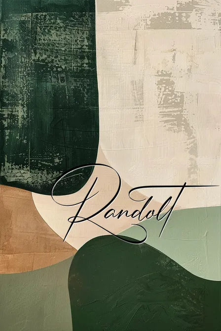 Abstract painting with textured green, beige, and brown shapes, featuring elegant cursive text 'Randolt'