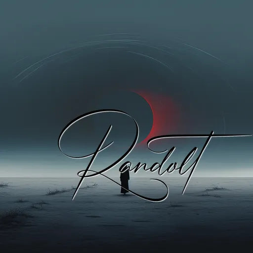 Minimalist landscape with foggy horizon, red crescent moon, dark serene sky, and 'Randolt' in cursive text.