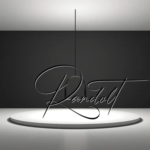 Minimalist design with elegant script text 'Randolt' on a spotlighted circular platform.