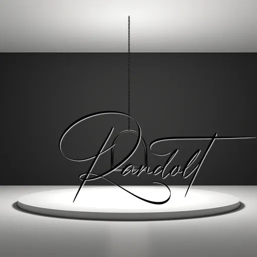 Minimalist design with elegant script text 'Randolt' on a spotlighted circular platform.