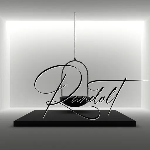 Minimalist art installation featuring 'Randolt' in elegant script with a suspended black sculpture in a lit box.