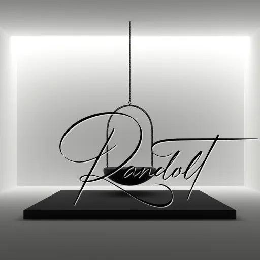 Minimalist art installation featuring 'Randolt' in elegant script with a suspended black sculpture in a lit box.