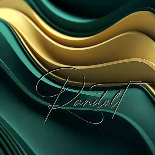 Abstract design with overlapping green and gold waves featuring elegant cursive text saying 'Randolt'.