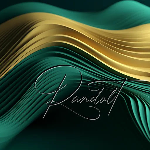 Abstract artwork with flowing green and gold waves, featuring elegant script reading 'Randolt'
