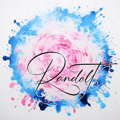 Abstract painting with pink center and blue splashes, 'Randolt' cursive text overlay.