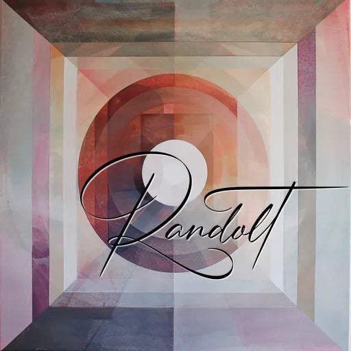 Geometric abstract art with overlapping circles and rectangles in pink and gray hues, featuring elegant cursive text 'Randolt'