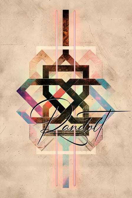 Abstract geometric pattern with crisscrossing shapes and pastel colors on a textured beige background.
