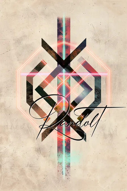 Geometric abstract design with intersecting lines and neon colors on a beige textured background.