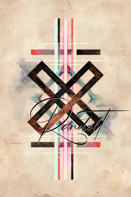 Abstract geometric design with crisscrossing lines, squares, and colorful accents on a textured beige background.